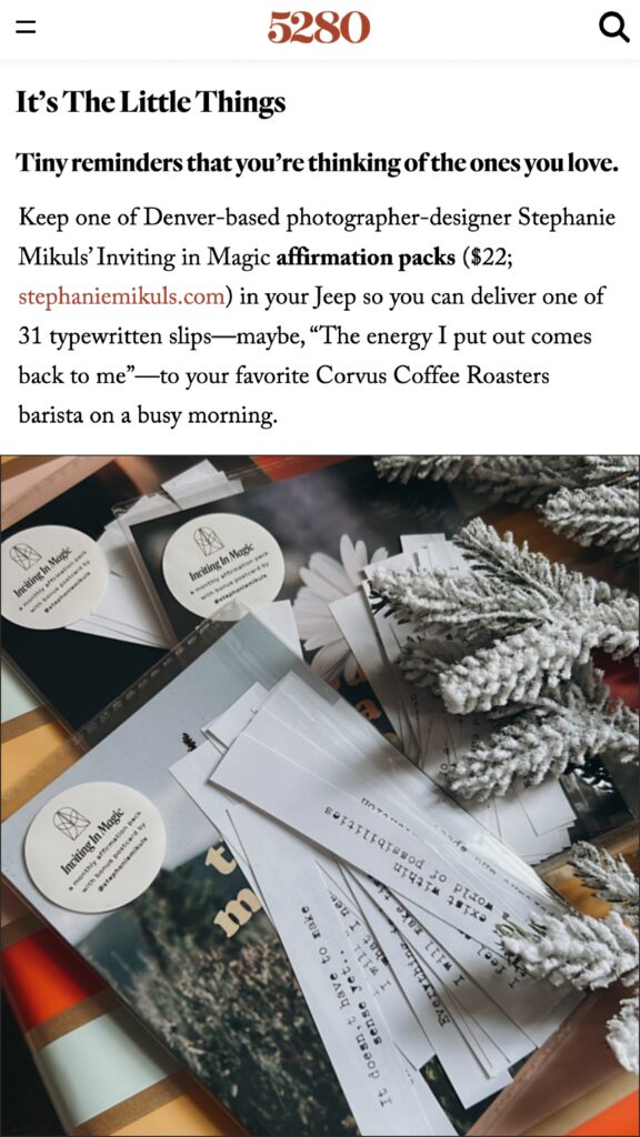 Photo + blurb in 5280 Article with Affirmations in the holiday gift guide